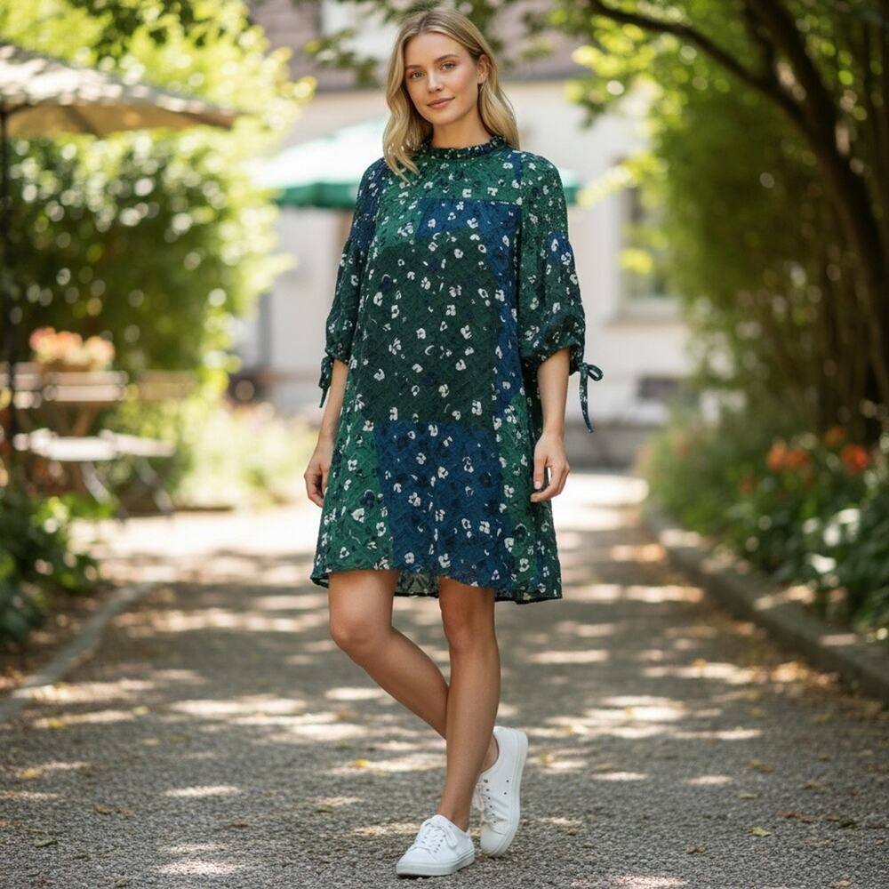 SUSINA Women’s Small Blue Green Gables Spliced Floral Dress ⭐️